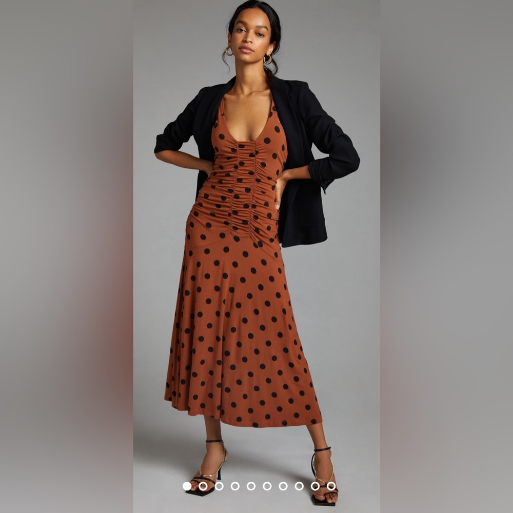 Anthropologie Ruched Midi Dress in Polka Dot Size M
